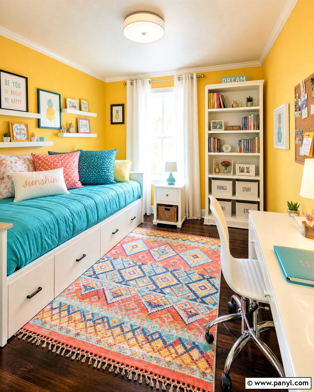 Yellow Teen Bedroom With Colorful Decor - 20 yellow walls bedroom ideas