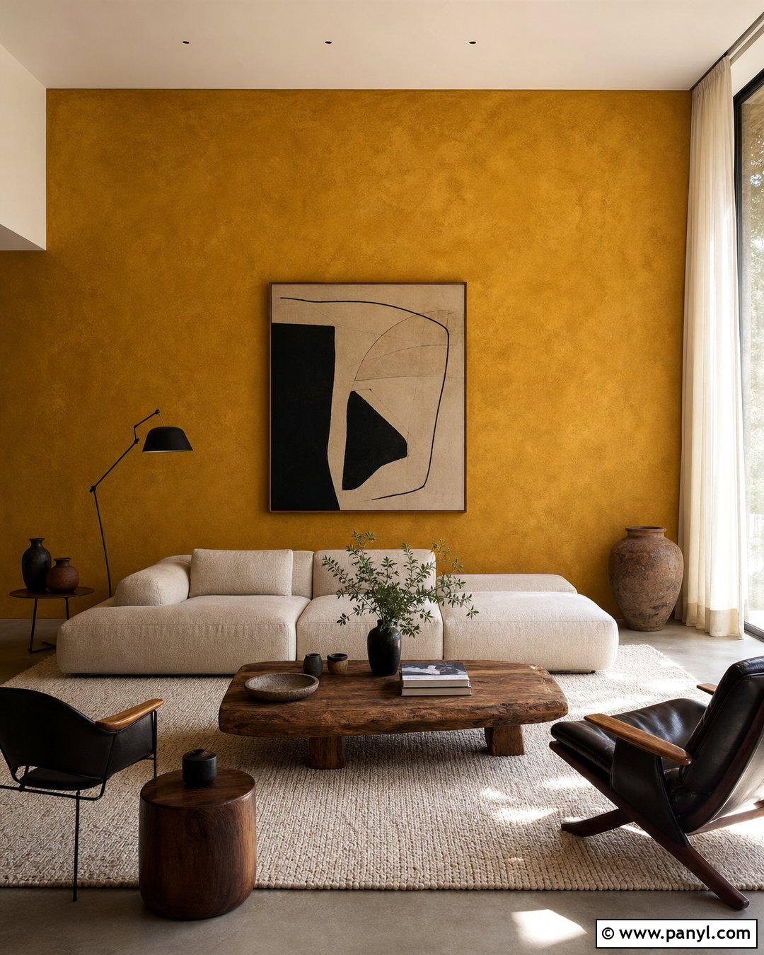 Yellow Textured Accent Wall With Modern Furniture - 25 Yellow Accent Wall Living Room Ideas