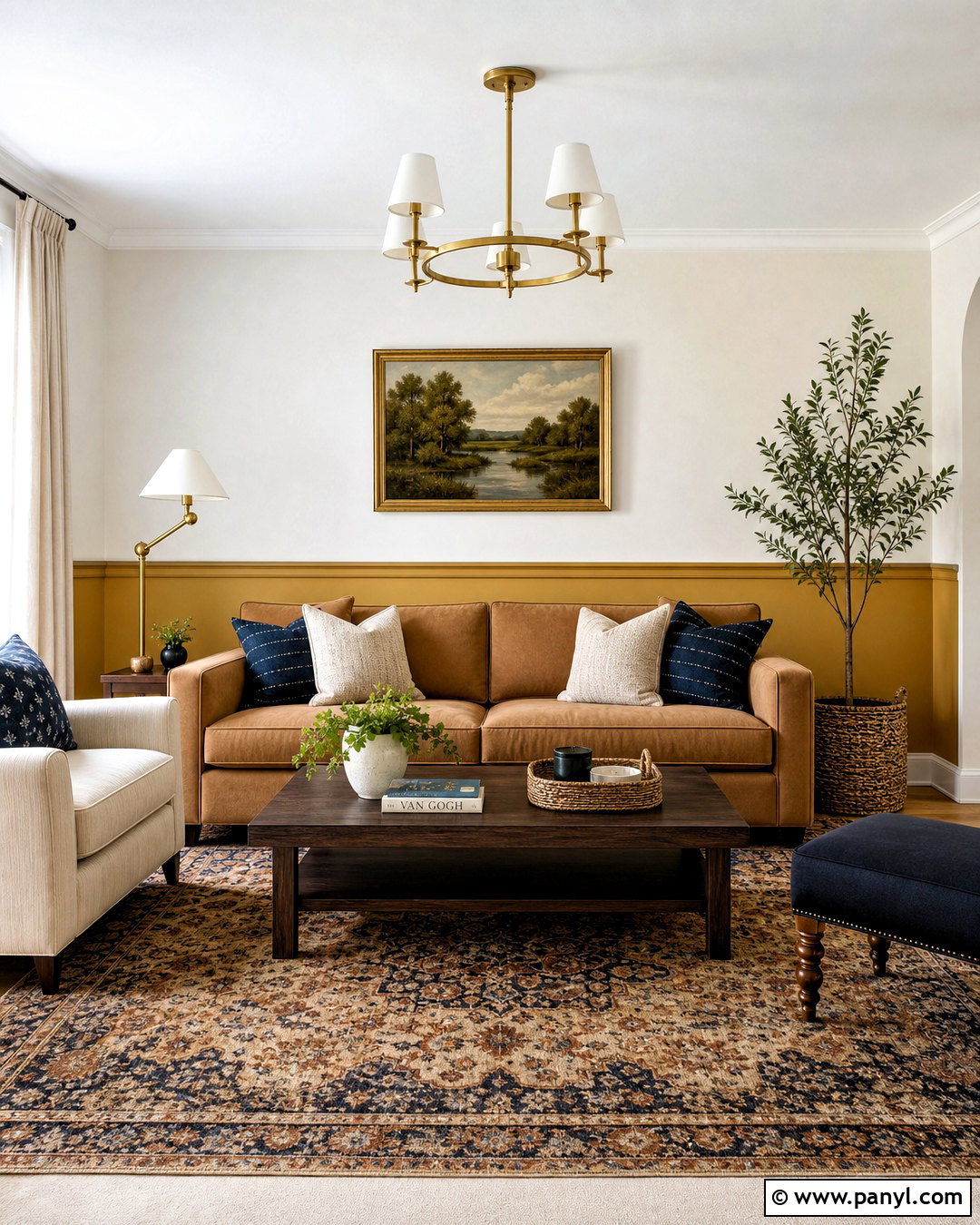Yellow Two-Tone Feature Wall With Wall Molding - 20 yellow feature wall living room ideas