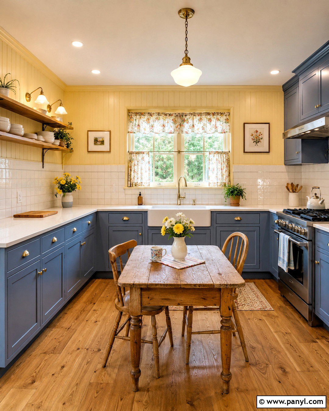 Yellow Wall Cottage Kitchen With Blue Cabinets - 20 Yellow Wall Kitchen Style Ideas