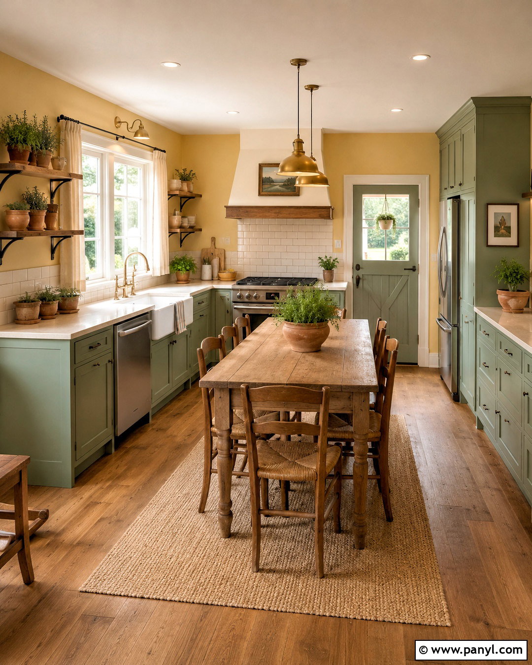 Yellow Wall Farmhouse Kitchen With Green Cabinets - 20 Yellow Wall Kitchen Style Ideas