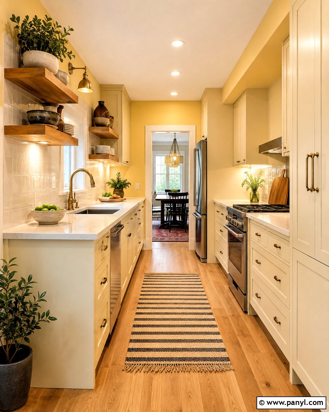 Yellow Wall Galley Kitchen With Cream Cabinets - 20 Yellow Wall Kitchen Style Ideas