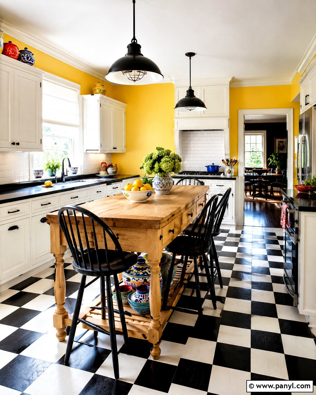 Yellow Wall Kitchen With Black And White Floor - 20 Yellow Wall Kitchen Style Ideas