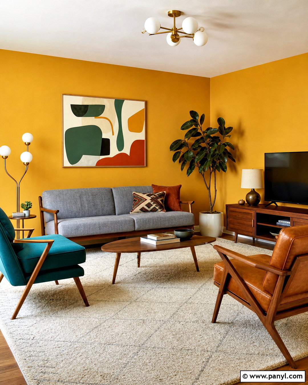 Yellow Wall Mid-Century Living Room - 20 yellow wall living room ideas