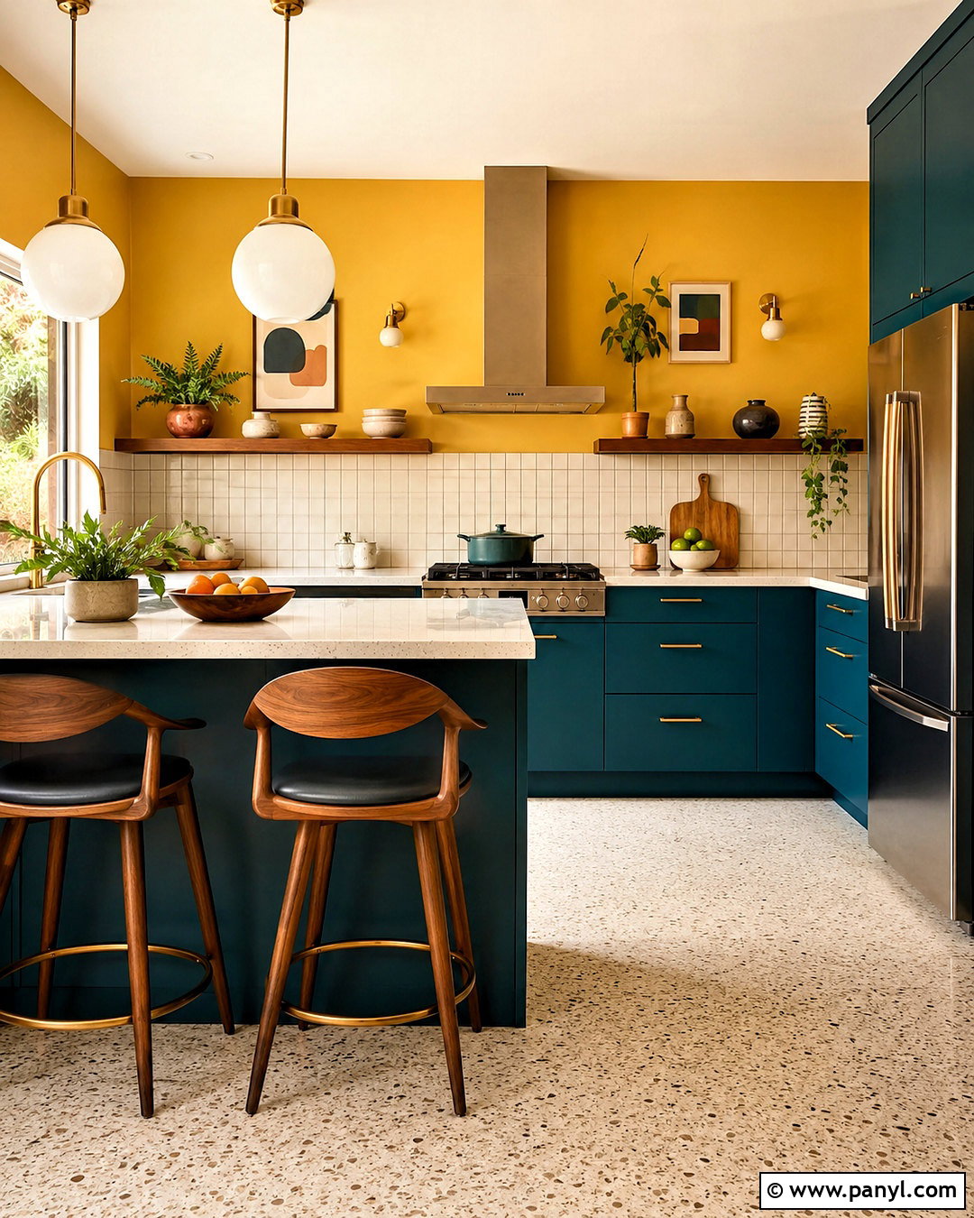 Yellow Wall Midcentury Kitchen With Teal Cabinets - 20 Yellow Wall Kitchen Style Ideas