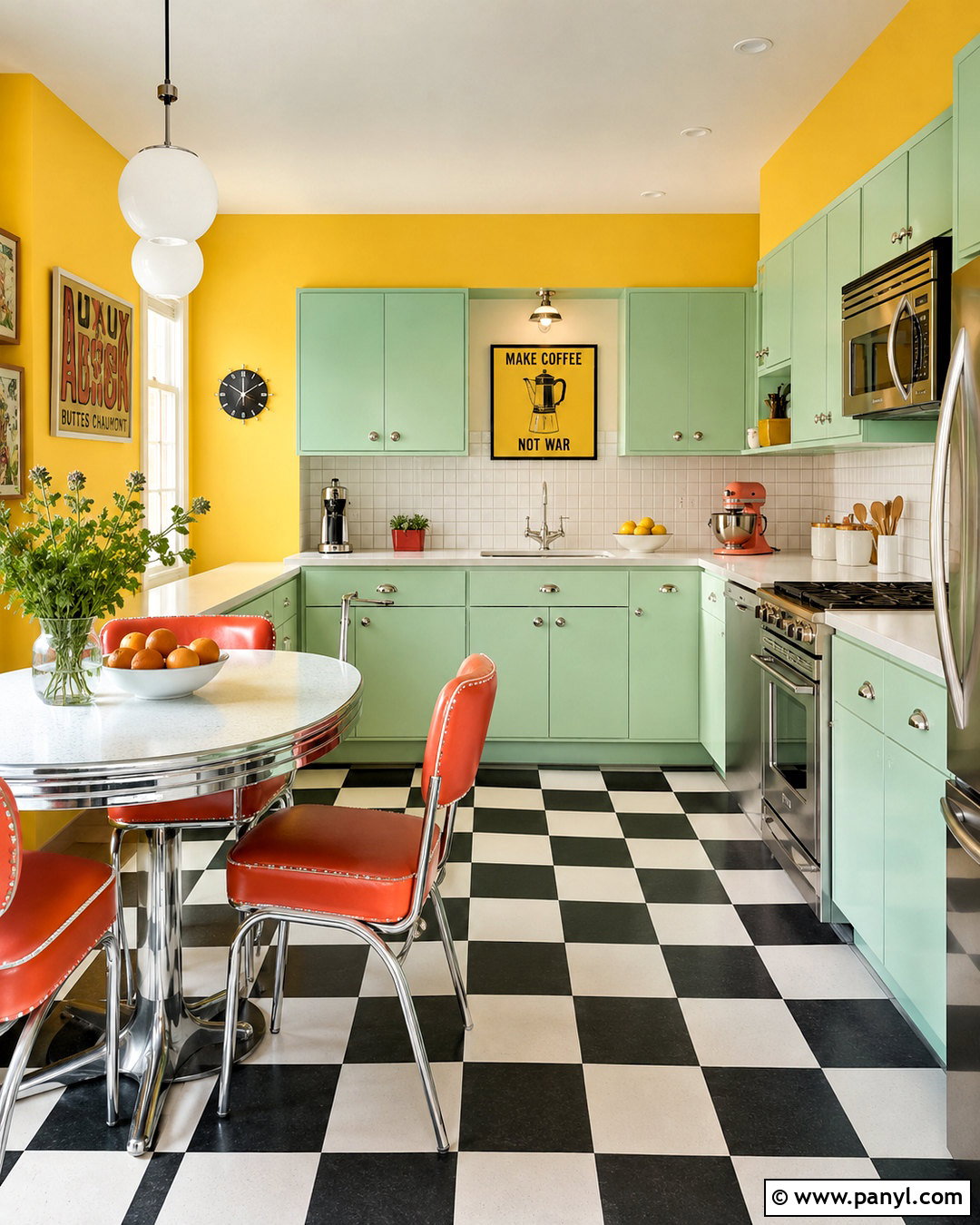 Yellow Wall Retro Kitchen With Mint Cabinets - 20 Yellow Wall Kitchen Style Ideas