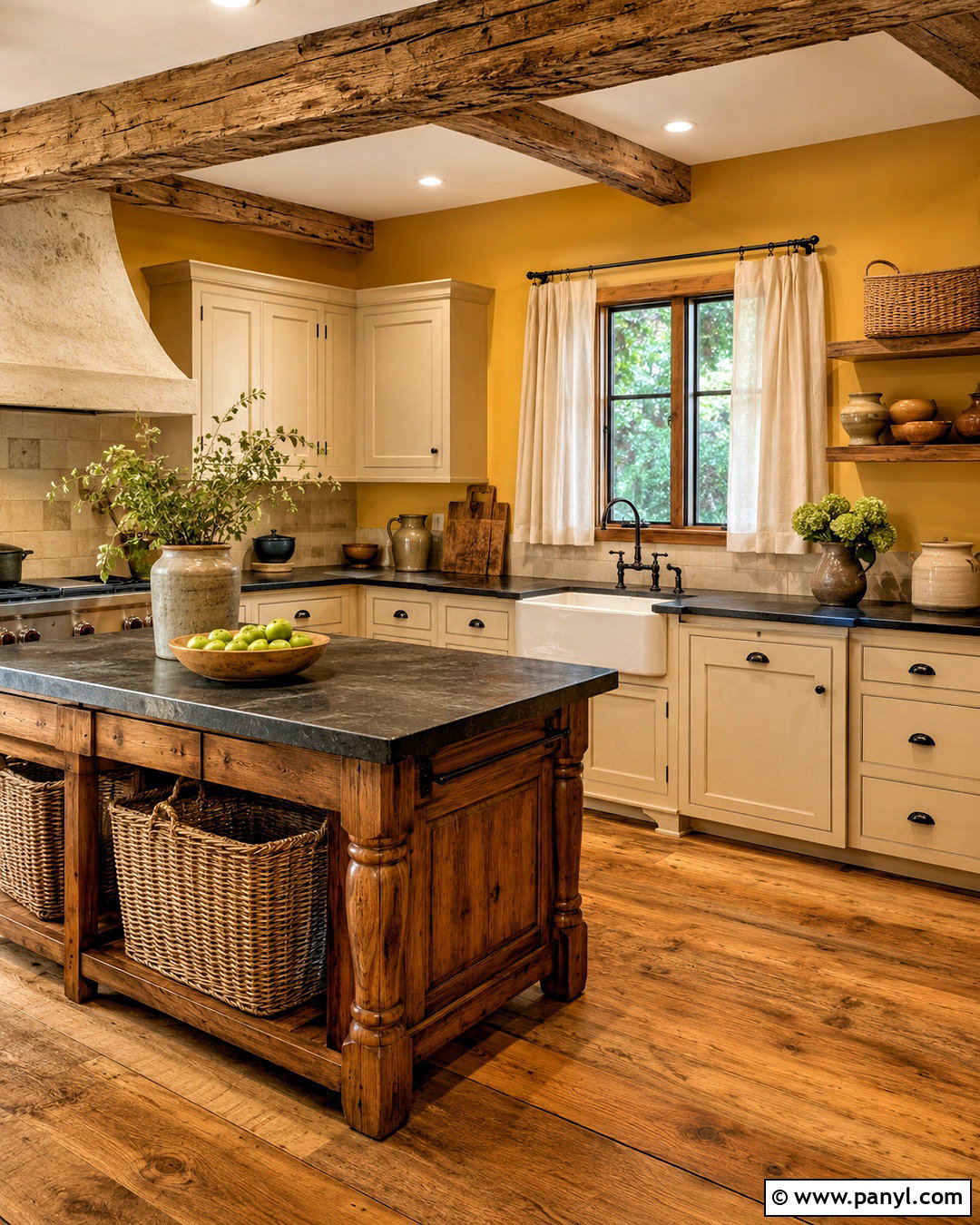 Yellow Wall Rustic Kitchen With Wood Beams - 20 Yellow Wall Kitchen Style Ideas