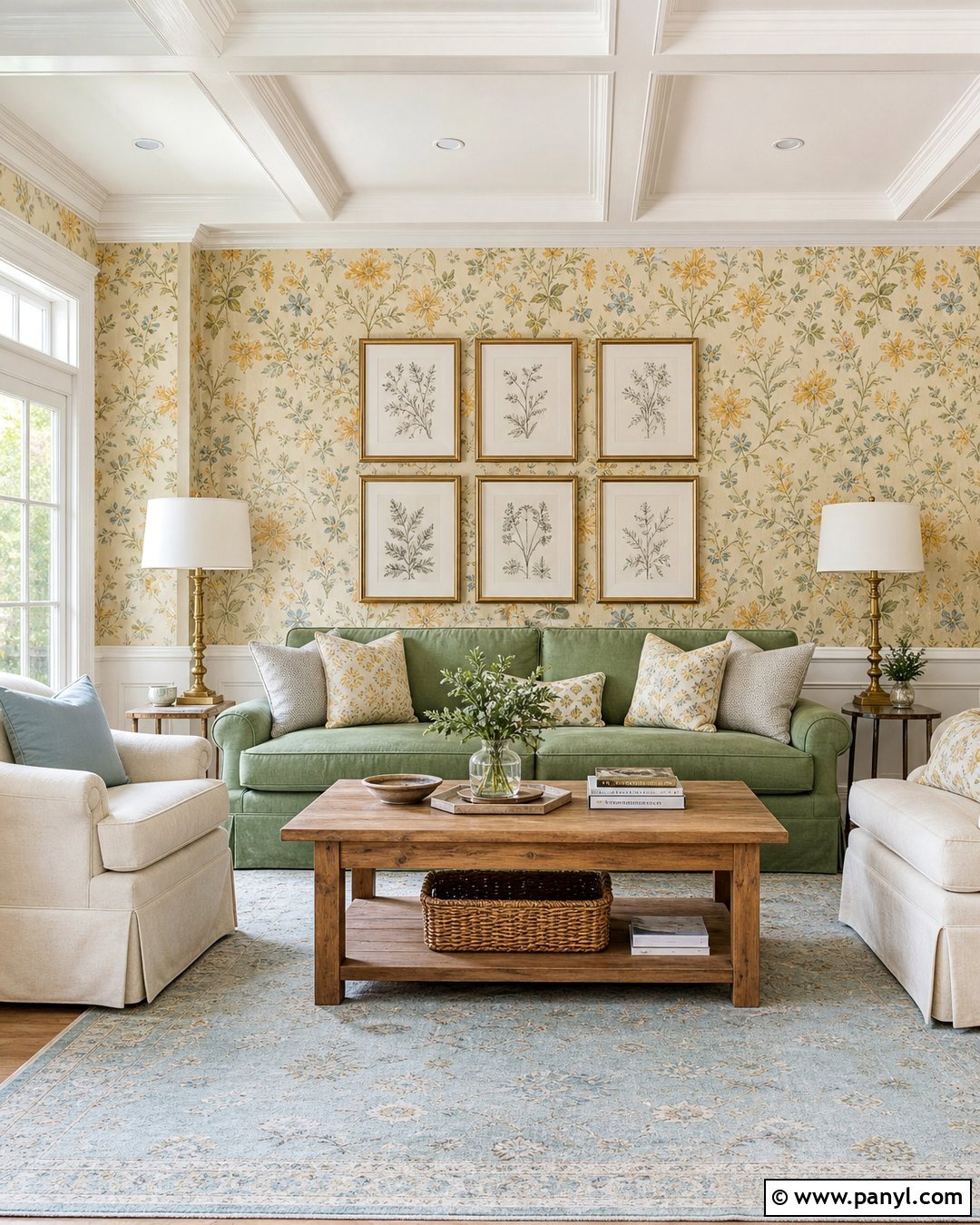 Yellow Wallpaper Accent Wall With Floral Pattern - 25 Yellow Accent Wall Living Room Ideas