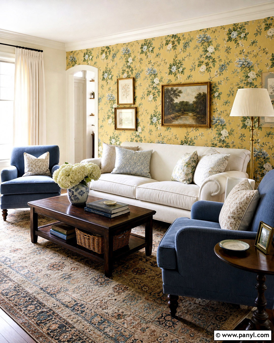 Yellow Wallpaper Feature Wall With Floral Pattern - 20 yellow feature wall living room ideas