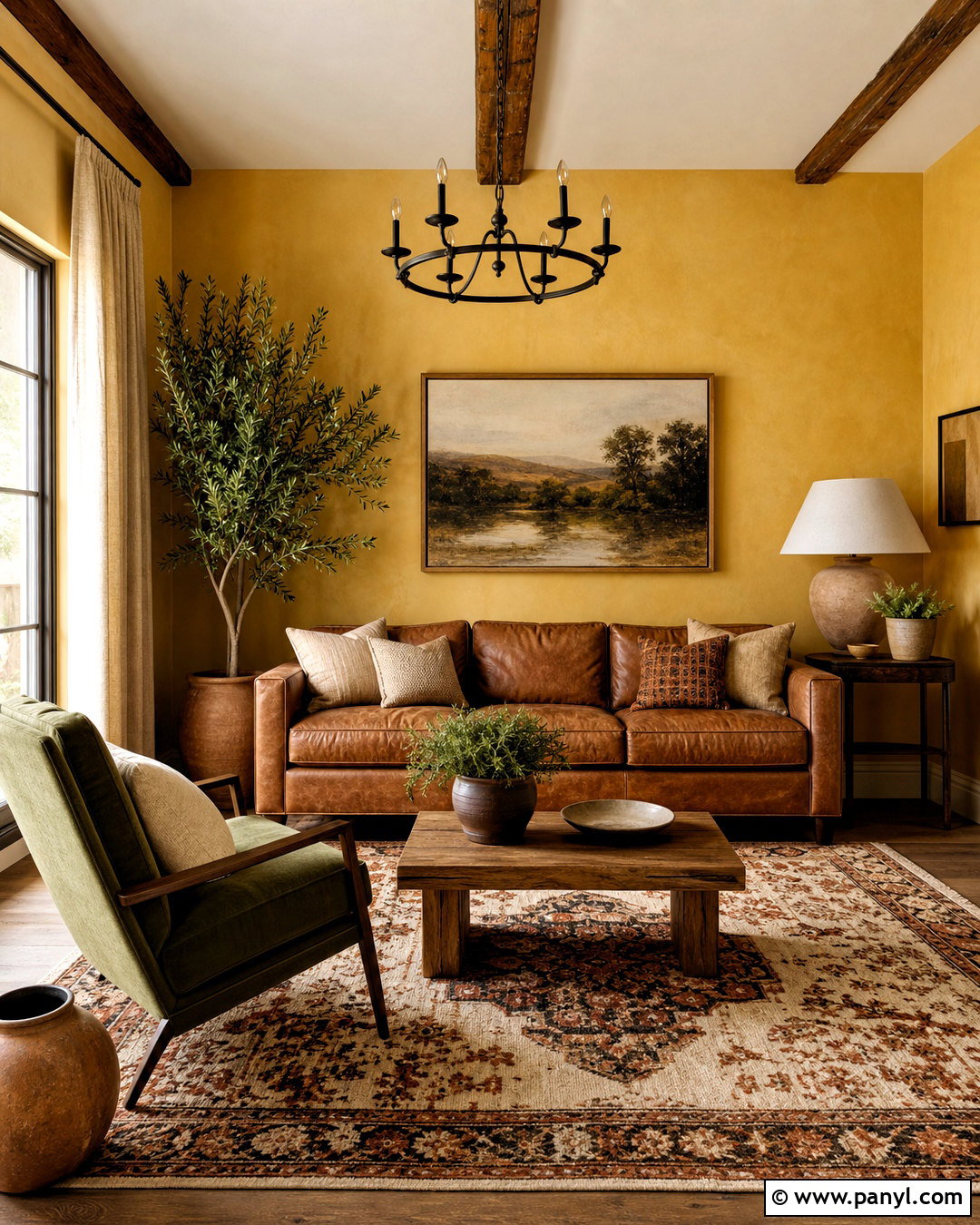 Yellow Walls Living Room With Brown Leather Sofa - 20 yellow walls living room decor ideas