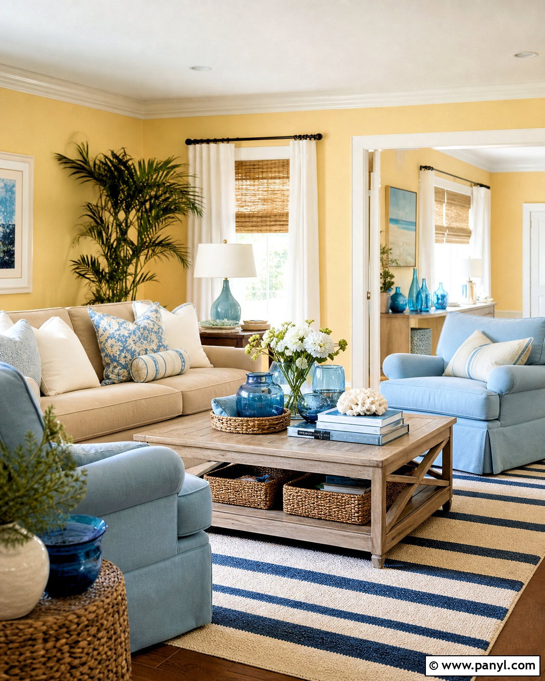Yellow Walls Living Room With Coastal Blue Decor - 20 yellow walls living room decor ideas