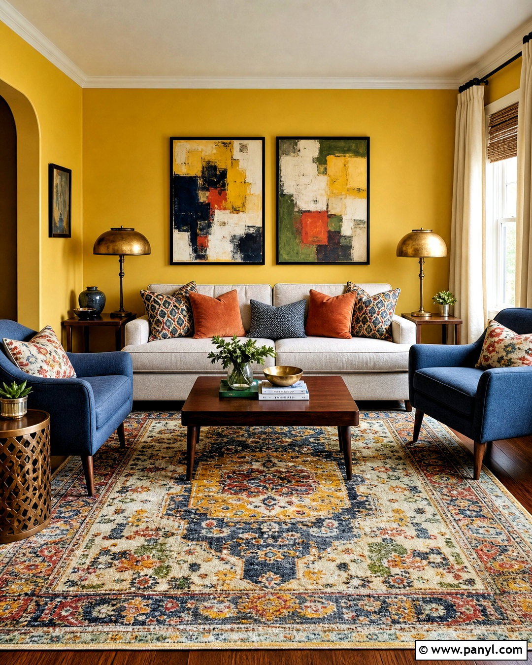 Yellow Walls Living Room With Colorful Rug - 20 yellow walls living room decor ideas