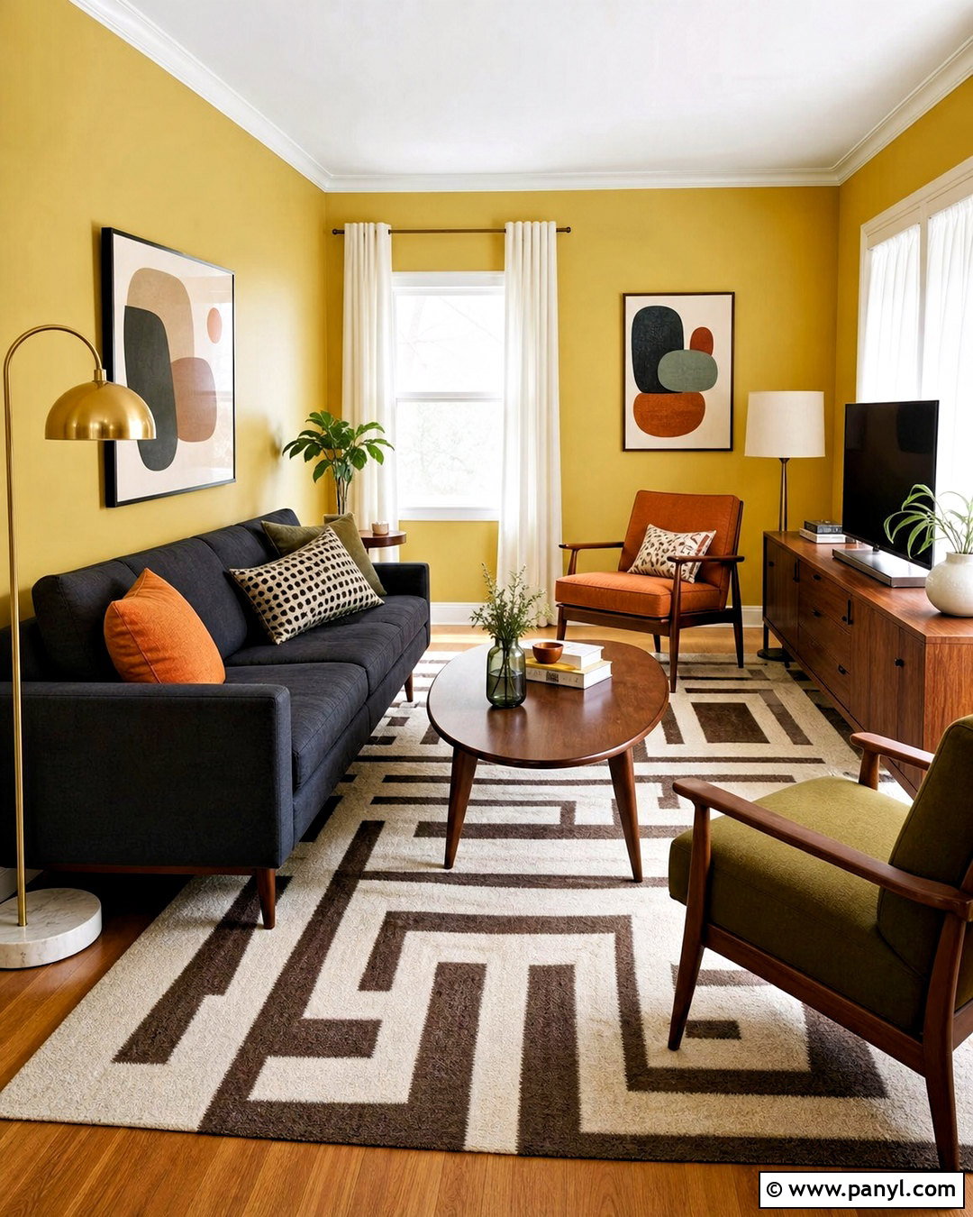 Yellow Walls Living Room With Midcentury Furniture - 20 yellow walls living room decor ideas