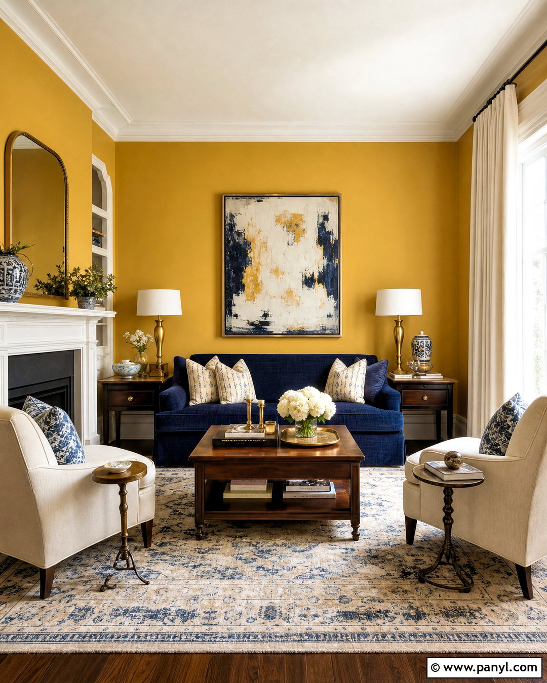Yellow Walls Living Room With Navy Blue Sofa - 20 yellow walls living room decor ideas