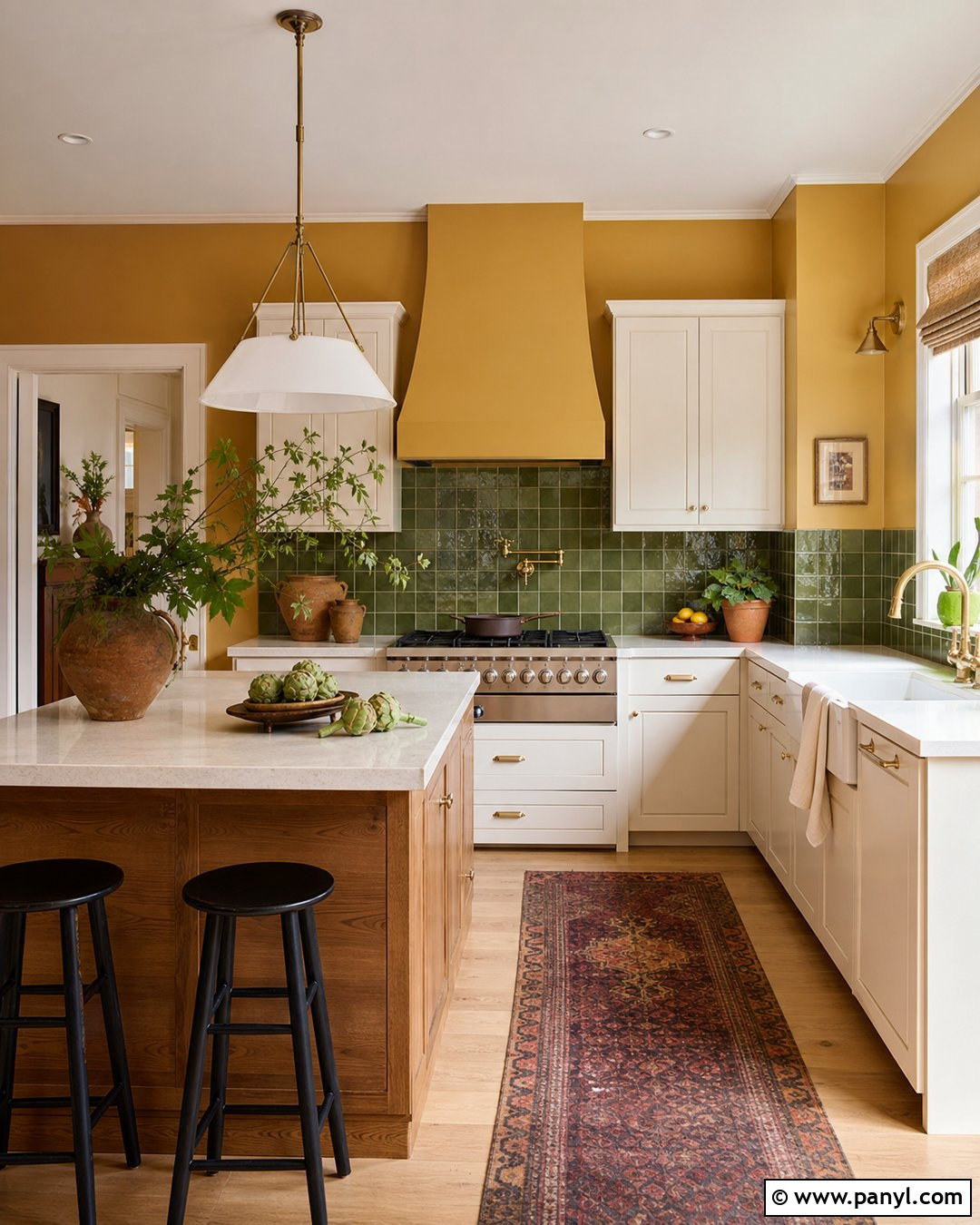 Yellow Walls With Green Zellige Backsplash - 30 Yellow Walls Kitchen Ideas